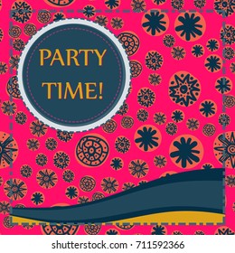 Festive invitation: vibrant design features playful party invitation with bright pink background adorned by colorful floral and geometric patterns in vivid oranges, deep blues, and contrasting yellows. Circular emblem displays bold typography reading PARTY TIME in striking gold typeface, enhanced by decorative border that lends organized structure. Smooth curvilinear line in dark blue with yellow base evokes movement suggesting dance floor or flowing celebration theme. Graphic illustration suits various party-related contexts including birthday invitations, event announcements, or promotional materials for social gatherings. Composition maintains harmonious balance between intricate patterns and clarity provided by text, capturing attention while conveying lighthearted fun mood. This design proves ideal for children’s parties, festive occasions, and community events through boldness and colors that elicit joy and anticipation.