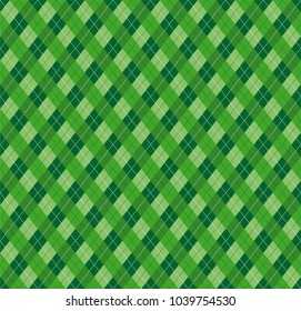 Festive Irish Tartan Diamond Seamless pattern for St Patrick's Day party wrapping paper, textile fabric print, wallpaper abstract background. Flat style vector illustration. Green and white colours