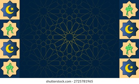 Um fundo islâmico festivo com um campo azul escuro e intrincados padrões geométricos dourados, flanqueados por colunas decorativas de lua crescente e motivos de estrelas alternando com desenhos tradicionais de ketupat, perfeito para as celebrações do Ramadã ou do Eid.