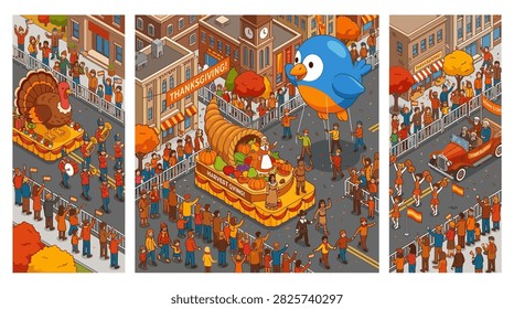 A festive isometric view of a Thanksgiving parade with decorated floats and cheering crowds.