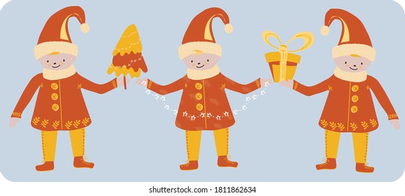 Festive items with various items in hands. With a tree, gifts and
a garland of stars. Dwarves in smart jackets with buttons and red caps with fluff. Gnomes with smiles. For holiday design