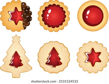 Festive Jam Filled Christmas Cookies Set with Tree, Star, Flower Shaped, Sugar Coated and Chocolate Dipped Sandwiches Top View 