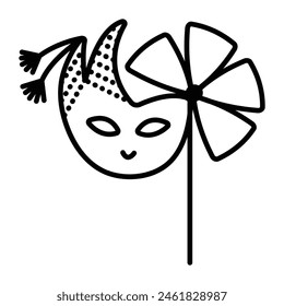 Festive Japanese masquerade mask with a stick, umbrella and pompoms, carnival black line illustration