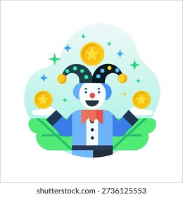 Festive Jester Clown Juggling Gold Coins Graphic Resource flat design vector illustration empty state ui element