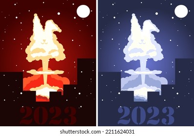 Festliches Witzplakat mit dem Bild einer nuklearen Explosion mit Kaninchenähren im Jahr 2023