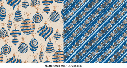 Festividad navidad ininterrumpida en azul celeste y oro. El motivo de los adornos dibujados a mano de Navidad. Vector Navidad baudibles relación o motivo para impresión, textil, tela, sublimación, envoltura, papel de envoltura, web