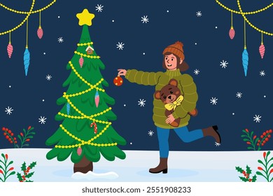 Festive joy with a bear and Christmas tree in a winter wonderland setting