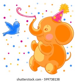 Festive joyful cute elephant and the bird are having fun. Birthday and confetti.