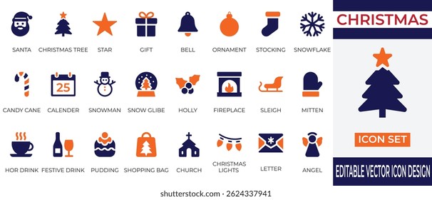 A festive and joyful icon set inspired by Christmas and winter holidays. This collection includes iconic elements such as Santa, Christmas tree, snowman, gifts, ornaments, and holiday treats