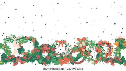 Festive And Joyful Seamless Pattern Featuring Christmas Tree Wreaths And Garlands, Decorated with Pine Cones and Bows