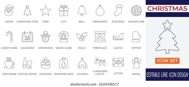 A festive and joyful thin line icon set inspired by Christmas and winter holidays. This collection includes iconic elements such as Santa, Christmas tree, snowman, gifts, ornaments, and holiday treats