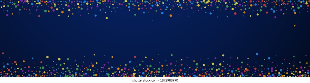 Festive juicy confetti. Celebration stars. Rainbow confetti on dark blue background. Actual festive overlay template. Panoramic vector background.