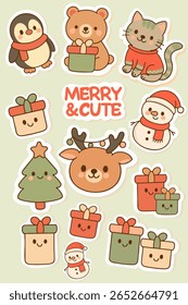 A festive kawaii Christmas sticker set featuring a cute penguin, a smiling cat, a cheerful reindeer, and pastel-colored gift boxes. Includes a playful “Merry Cute” text in hand-drawn style