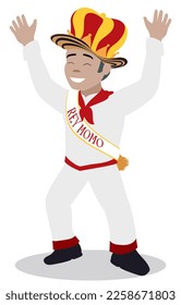 Festive King Momo -or Rey Momo in Spanish- character from Carnival of Barranquilla with white clothes, sash, raised hands and hat mixed with crown.