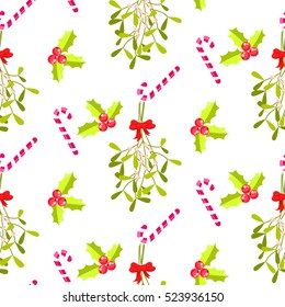 Festive kissing bough seamless vector pattern. Traditional plant tied with red bow. Holly berry and stripes candy cane white background.