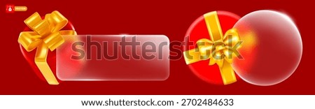 Festive label with glass morphism. 3D Modern design elements set with red gift box, matte transparent circle and rectangle with rounded corners. Frosted glass effect. Vector illustration