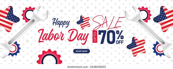 Festive Labor Day banner featuring colorful balloons, stars, and red, white, and blue design. Ideal for digital marketing and advertising