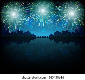 festive landscape, city and fireworks, vector background