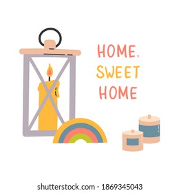 Linterna festiva con velas aromas para postal.Plantilla para celebración, saludos, felicitaciones, invitaciones, pegatinas, icono vector, ilustración plana.Feliz Navidad.Afiche acogedor.Hogar, hogar dulce.