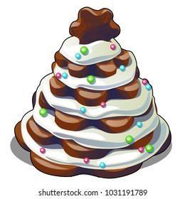 Festive layered biscuit cake covered with whipped cream in form of Christmas tree. Sketch for greeting card, festive poster, party invitation. Pastry isolated. Attribute Christmas and New year. Vector