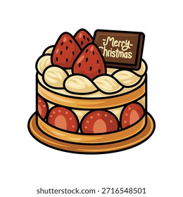 A festive layered sponge cake filled with cream and strawberries, topped with whipped cream and three bright strawberries. A chocolate plaque with Merry Christmas adds a festive touch. Ideal for holiday dessert themes and Christmas party visuals.