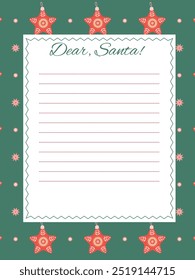 festive letter template to Santa Claus with Christmas stars on a green background