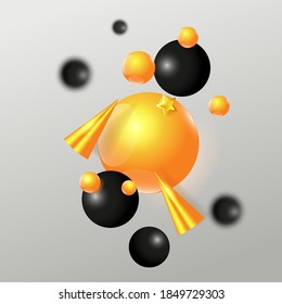 Festive levitating composition. Black and gold spheres and golden cones. Vector EPS10