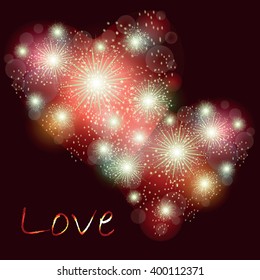 Festive light fireworks in form of hearts on dark burgundy background with sign