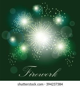 Festive light fireworks on dark green background with text