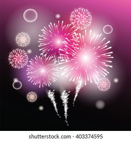 Festive light fireworks in on dark night purple background with lights