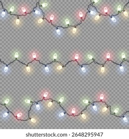 Festive light string. Neon lamps in red, green and blue glowing over transparent background. Holiday vector illustration for banner, greeting card and christmas celebration design with sparkle.


