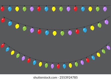 Festive light strings. Glowing colorful bulbs. Dark background vector. Celebration decoration icon.