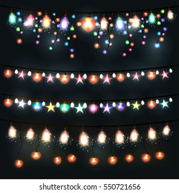 Festive lights garland on a black background. Decoration for Valentine's day. All light effects isolated and grouped.