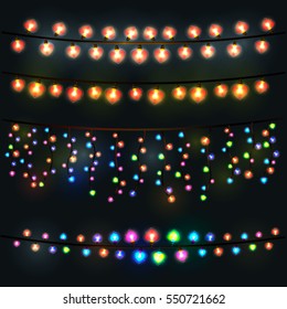 Festive lights garland on a black background. Decoration for Valentine's day. All light effects isolated and grouped.