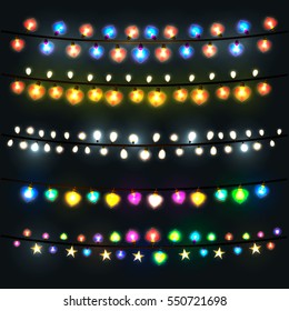 Festive lights garland on a black background. Decoration for Valentine's day. All light effects isolated and grouped.