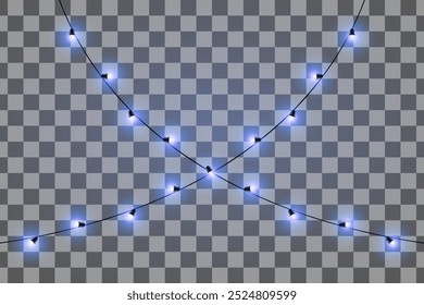 Festive lights. String of glowing blue lights arranged at an angle. Ideal for decorating events, holidays, or outdoor settings. The dark background highlights the glowing elements.