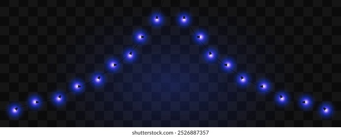 Luzes festivas. Sequência de luzes azuis brilhantes dispostas em um ângulo. Ideal para decorar eventos, feriados ou configurações ao ar livre. O plano de fundo escuro realça os elementos brilhantes.