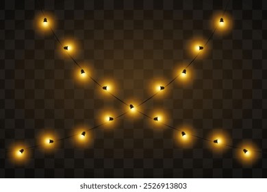 Festive lights. String of glowing golden lights arranged at an angle. Ideal for decorating events, holidays, or outdoor settings. The dark background highlights the glowing elements.