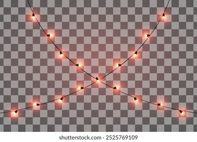 Festive lights. String of glowing red lights arranged at an angle. Ideal for decorating events, holidays, or outdoor settings. The dark background highlights the glowing elements.
