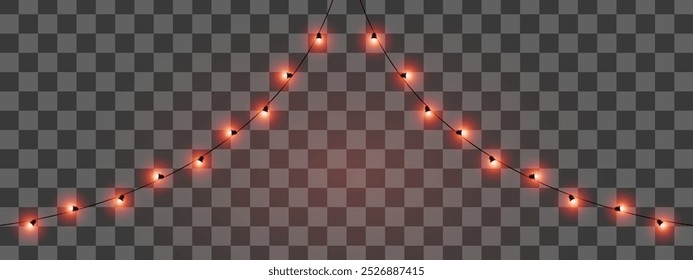 Luzes festivas. Sequência de luzes vermelhas brilhantes dispostas em um ângulo. Ideal para decorar eventos, feriados ou configurações ao ar livre. O plano de fundo escuro realça os elementos brilhantes.
