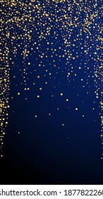 Festive likable confetti. Celebration stars. Gold confetti on dark blue background. Glamorous festive overlay template. Vertical vector background.