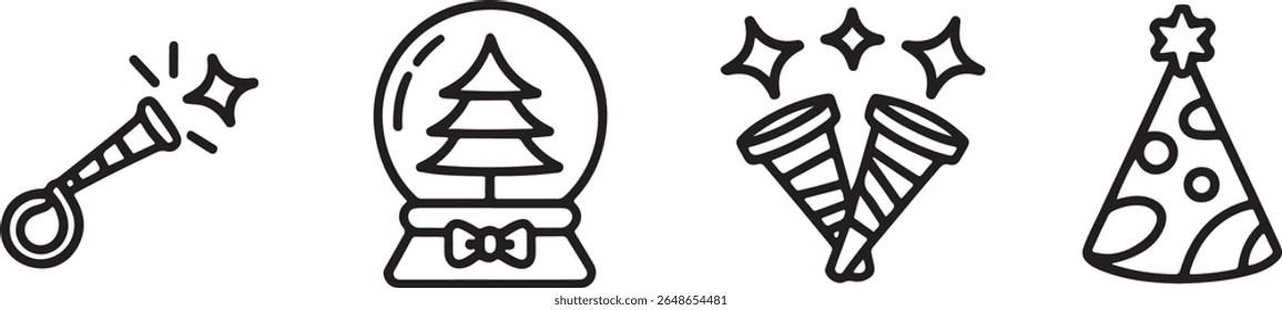 Festive Line Art Celebration New Year Holiday Designs Whistles Snow Globe Confetti and Party Hats for a Cheerful Aesthetic