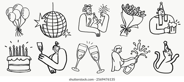 Festive line art icons featuring balloons, disco ball, party people, cake, champagne, and a cat. Celebration, party, and fun in simple, playful designs. Party elements vector set.