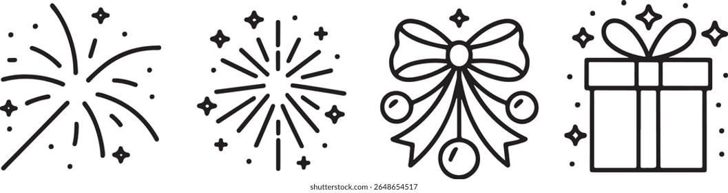 Festive Line Art Icons Sparkling Celebrations and Holiday Cheer Featuring Fireworks, Bows, and Presents Perfect for Seasonal Designs
