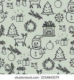 Festive Line Drawing of Christmas Elements. Winter Holiday Decorations Seamless Vector Pattern