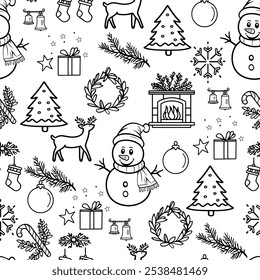 Festive Line Drawing of Christmas Elements. Winter Holiday Decorations Seamless Vector Pattern