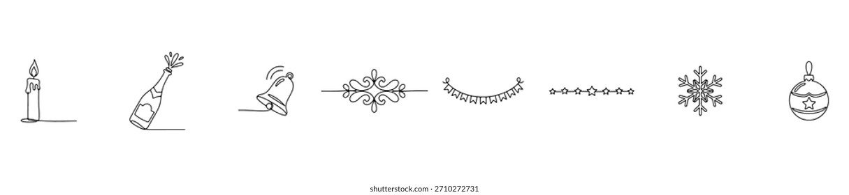 Un conjunto de iconos de línea festiva con vela, champán, campana, copos de nieve, guirnaldas y adornos. Ideal para imágenes de temática navideña y un elegante diseño de temporada.
