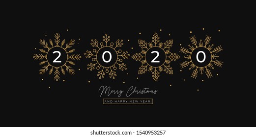 Tarjeta de saludo lineal festiva con copos de ilustración vectorial de nieve. Feliz Navidad y Feliz Año Nuevo 2020 con copos de nieve dorados. Concepto de vacaciones de Navidad