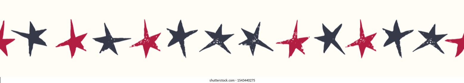 Festive Linocut Blue and Red Small Stars on White Background Vector Seamless Horizontal Pattern Border. Hand Made Seamless Holiday Print