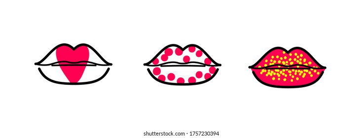 Festive lips makeup. Heart shaped, red confetti and gold glitter. 